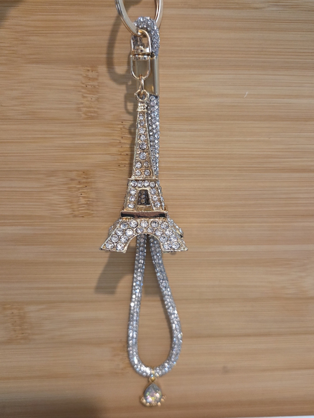 Gold Eiffel Tower Keychain Crystal Rhinestone Mesh Strap Crown Charm Bag Ring